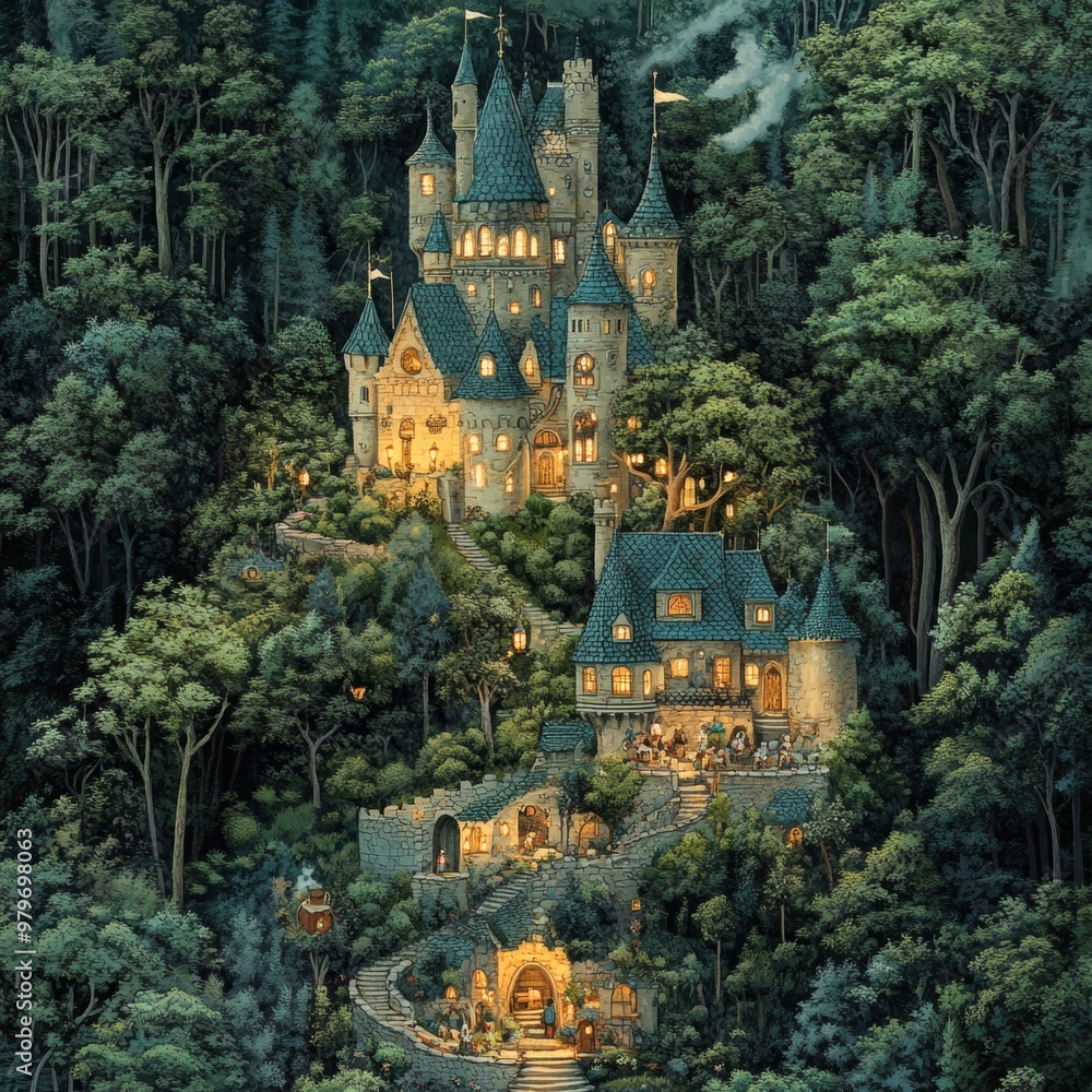 Enchanting Castle nestled in a lush forest with stone pathways and glowing windows Enchanting Castle nestled in a lush forest with stone pathways and glowing windows