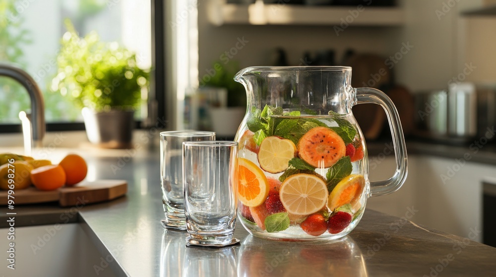 A stylish glass pitcher with a refreshing fruit-infused beverage, poured into matching glasses, displayed on a modern kitchen counter with natural light. A stylish glass pitcher with a refreshing fruit-infused beverage, poured into matching glasses, displayed on a modern kitchen counter with natural light.