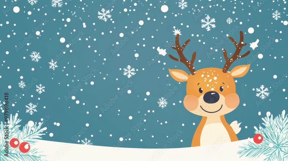 Cheerful Merry Christmas banner with cute reindeer and snowflakes, clear area for adding your message Cheerful Merry Christmas banner with cute reindeer and snowflakes, clear area for adding your message