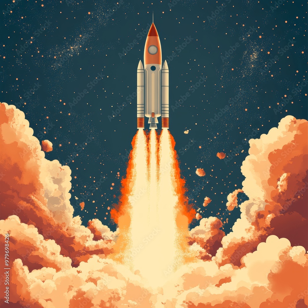Naklejka premium Rocket Launch into Space with Clouds and Stars