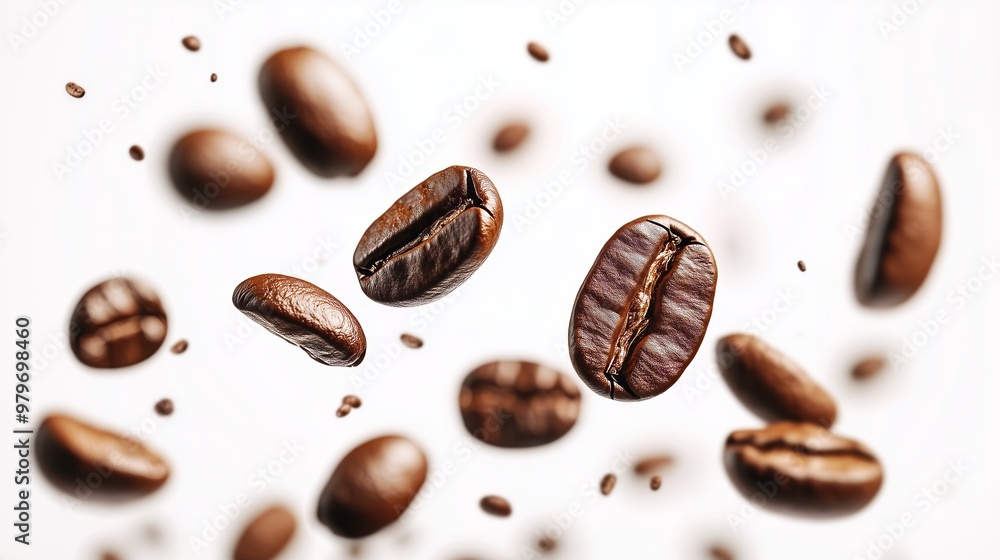 Close-up of roasted coffee beans suspended in air against a white background, highlighting texture and detail. Close-up of roasted coffee beans suspended in air against a white background, highlighting texture and detail.