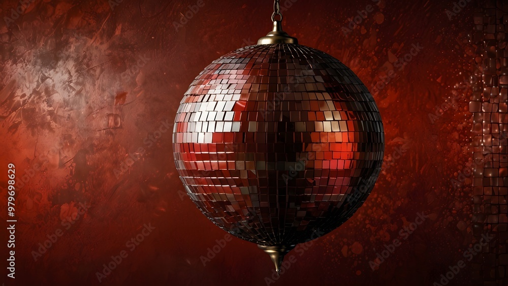 Obraz premium Shimmering Disco Ball Reflecting Vibrant Colors Against a Deep Red Backdrop in a Lively Party Setting