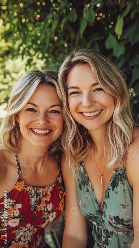 Two radiant women with blonde hair and beaming smiles embrace outdoors, their joy infectious against a lush green backdrop of sunlit foliage.