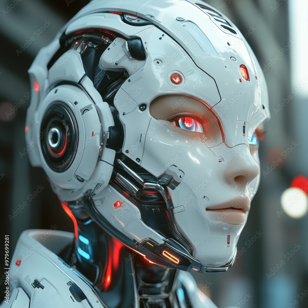 Fototapeta premium Futuristic Female Cyborg Portrait with Red Eyes and Advanced Technology