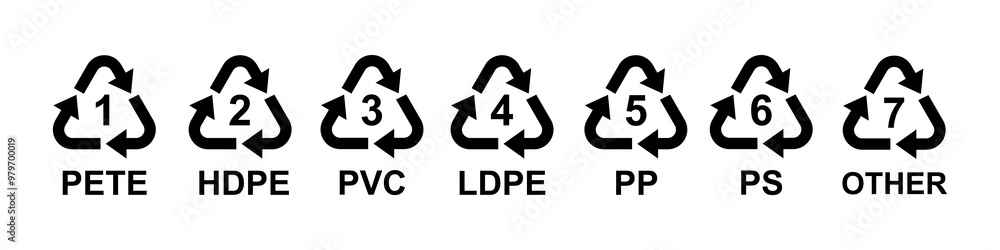 Recycle icons with numbers, PET, PETE, HDPE, PVC, LDPE, PP, PS and OTHER. Isolated vector symbols. Recycle icons with numbers, PET, PETE, HDPE, PVC, LDPE, PP, PS and OTHER. Isolated vector symbols.