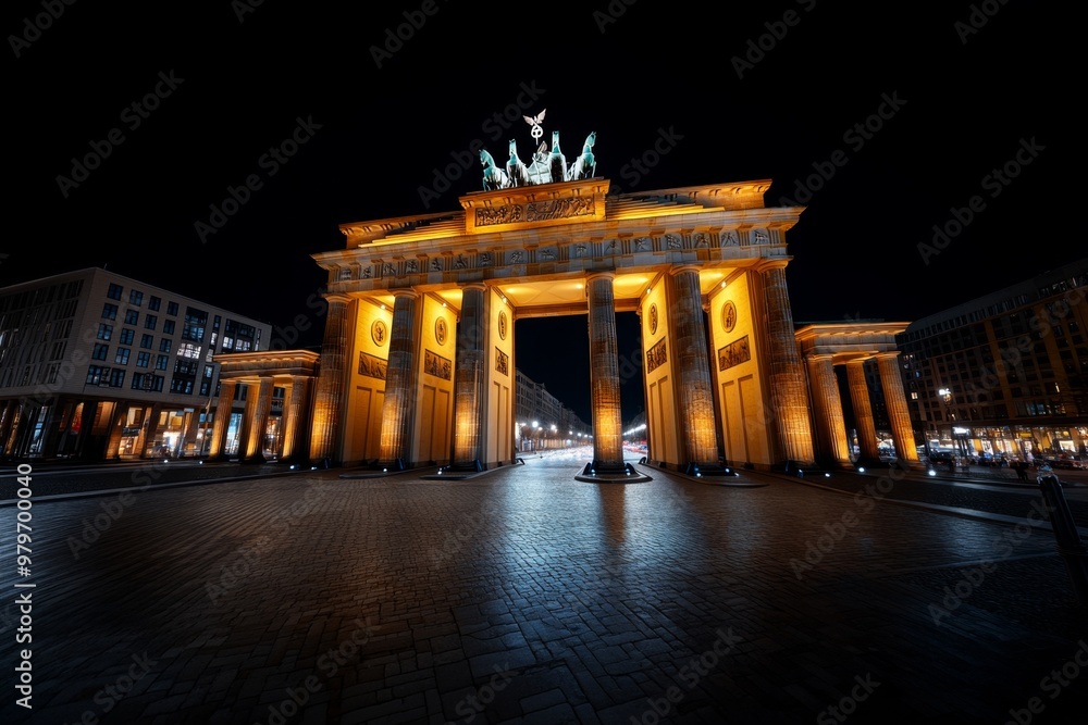 Obraz premium Aerial timelapse of Berlin at night, highlighting the Brandenburg Gate and the lively streets below