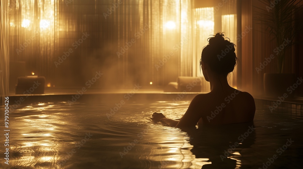 Serene scene of a woman enjoying a peaceful moment in a beautifully lit, luxurious indoor pool at a spa. Serene scene of a woman enjoying a peaceful moment in a beautifully lit, luxurious indoor pool at a spa.