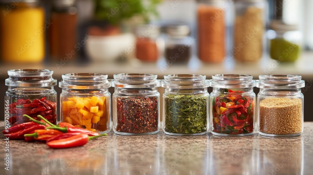 A variety of chili peppers and spices in small glass jars, arranged neatly on a kitchen counter, emphasizing their role in flavoring dishes. A variety of chili peppers and spices in small glass jars, arranged neatly on a kitchen counter, emphasizing their role in flavoring dishes.