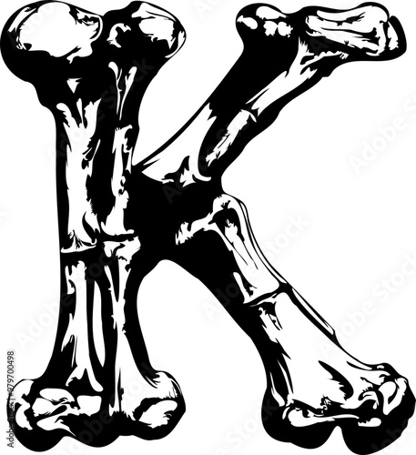 BoneScript Decorative Alphabet letter K with Hand-Drawn Bone Lettering for Halloween and Gothic design. 