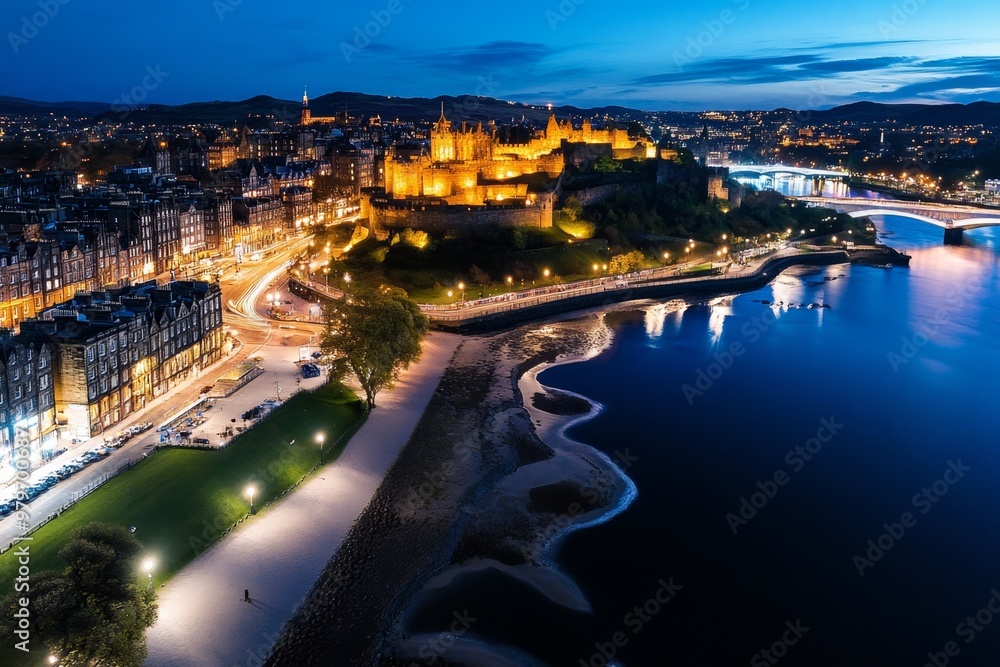 Fototapeta premium Aerial timelapse of Edinburgh at night, highlighting the illuminated Edinburgh Castle and historic Old Town