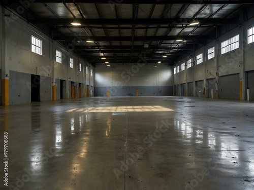 Empty warehouse with polished concrete and ready for storage or manufacturing.