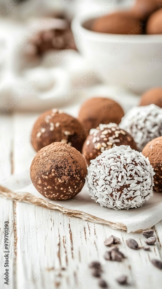 Homemade chocolate truffles with various toppings like coconut and nuts, arranged on rustic white wooden surface. Delicious gourmet dessert treats. Homemade chocolate truffles with various toppings like coconut and nuts, arranged on rustic white wooden surface. Delicious gourmet dessert treats.