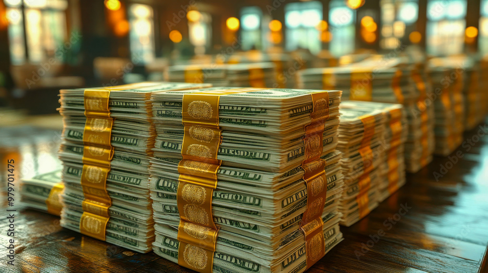 Stacks of bundled US dollar bills on a wooden surface Stacks of bundled US dollar bills on a wooden surface