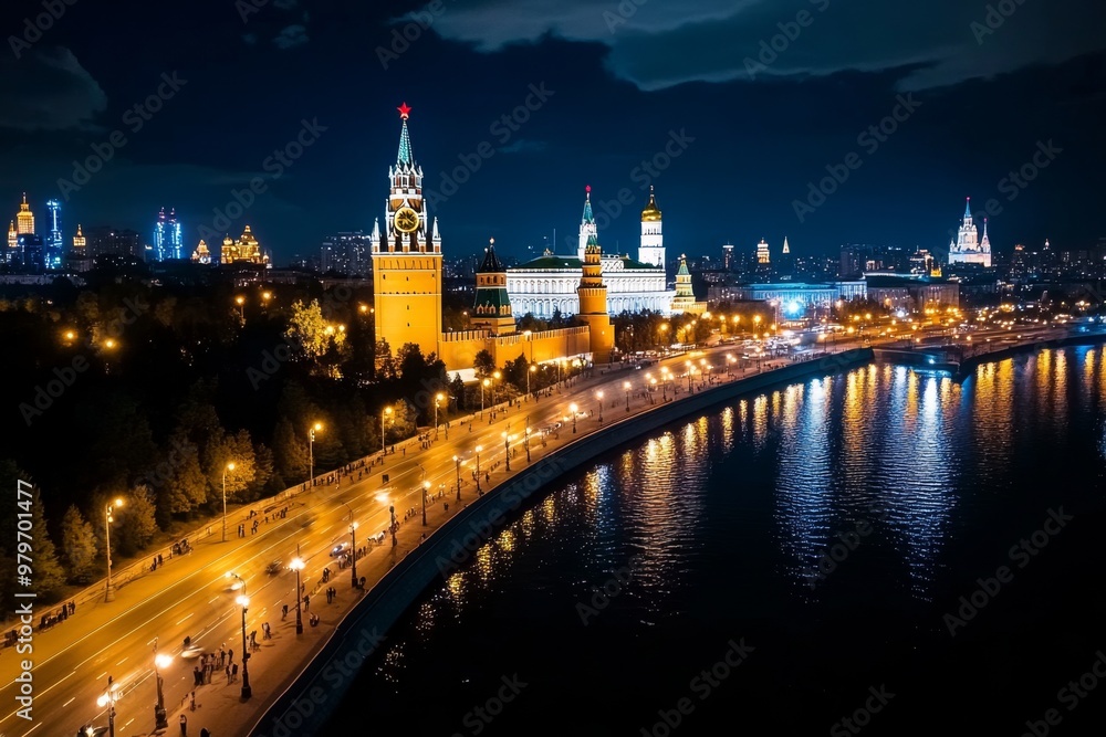 Obraz premium Aerial timelapse of Moscow at night, with the Red Square and Kremlin glowing under the city lights