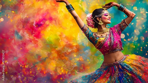 Indian Bollywood Dancer Performing in a Colorful Festive Setting