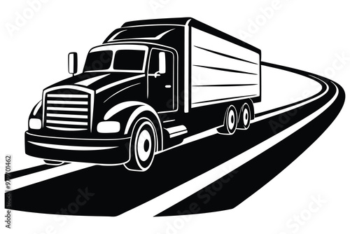 Semi-Truck on Highway Silhouette, Vector Illustration, Transportation Graphic, Trucking Clipart, Freight Truck Art photo