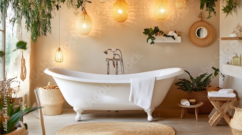 Eclectic bathroom with a clawfoot tub, Moroccan lanterns, and a jute rug 