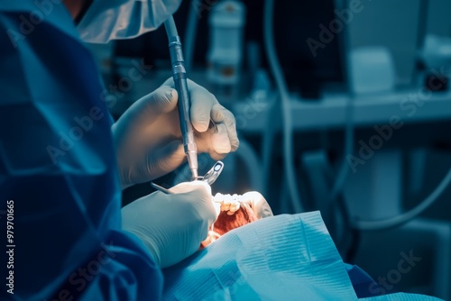 Wallpaper Mural Dentist performing precise root canal treatment, removing infected pulp and thoroughly cleaning root canals. Focus on endodontic procedure, dental health, and infection prevention. Medical precision i Torontodigital.ca