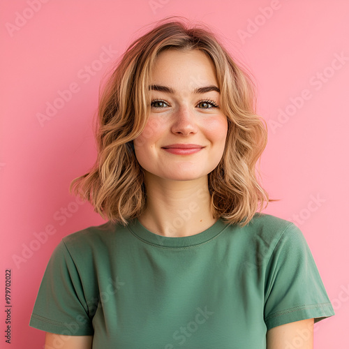 Woman has a short blonde hair smiling gently 