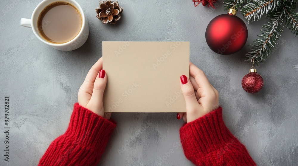 Festive hands in red sweater hold blank card amid Christmas decorations and coffee, perfect for holiday greetings or seasonal announcements. Festive hands in red sweater hold blank card amid Christmas decorations and coffee, perfect for holiday greetings or seasonal announcements.