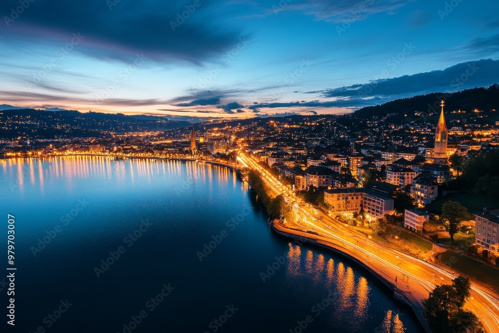 Fototapeta premium Aerial timelapse of Zurich at night, featuring the twinkling lights of the city reflecting in Lake Zurich