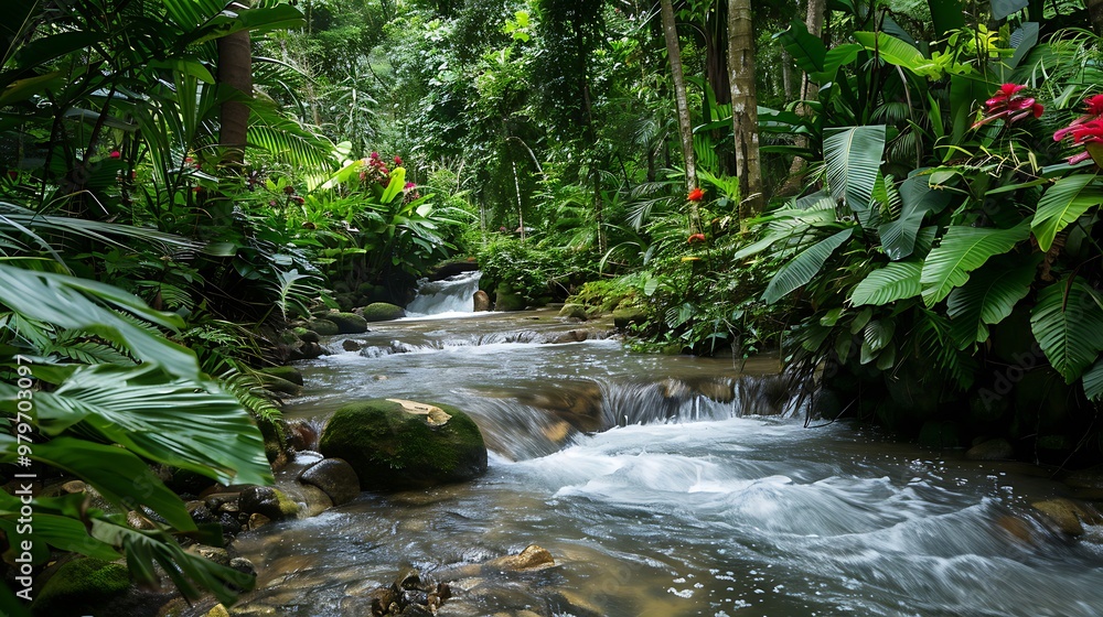 A peaceful protection with a lush jungle and a beautiful tropical stream A peaceful protection with a lush jungle and a beautiful tropical stream