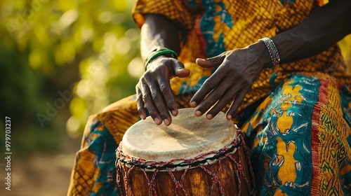 African Man Playing Djembe Drum in Traditional Clothing