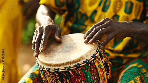 African Man Playing Djembe Drum