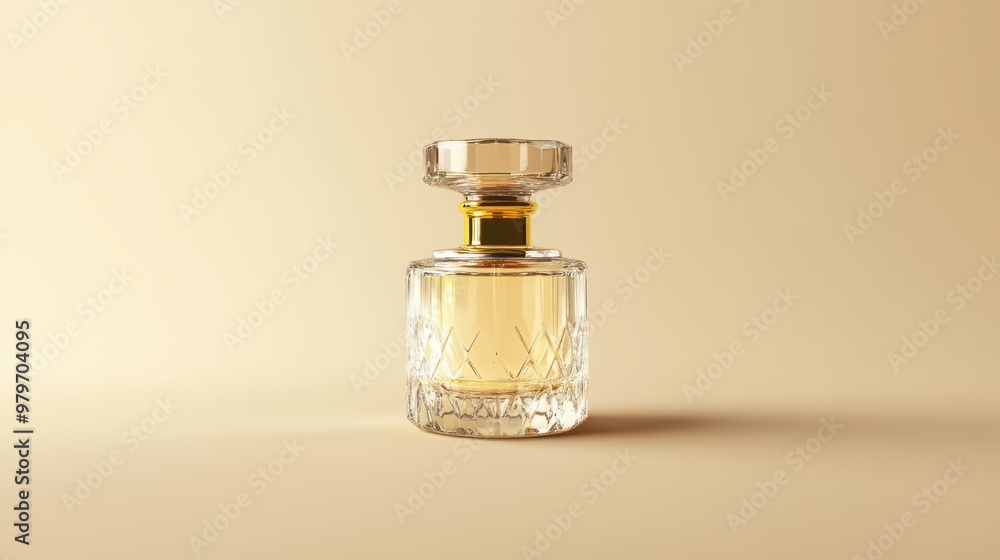 Clear glass perfume bottle with a gold cap, luxurious touch, high-resolution, clear texture details, solid color background Clear glass perfume bottle with a gold cap, luxurious touch, high-resolution, clear texture details, solid color background