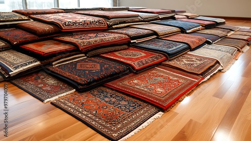 Layered Persian rugs in rich colors and patterns on a wooden floor 