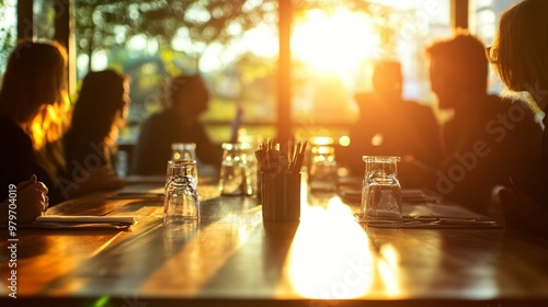 Warm golden sunlight streams through restaurant windows, illuminating a cozy dining scene with silhouetted patrons and table settings in soft focus.