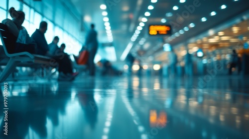 Blurred silhouettes of travelers waiting in a modern airport terminal, with reflective floors and a row of lights creating a futuristic ambiance and sense of journey.