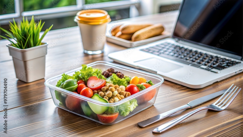 Fresh salad in a container on a wooden table with laptop and coffee for healthy office lunch Fresh salad in a container on a wooden table with laptop and coffee for healthy office lunch