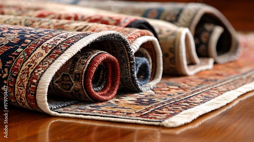 Layered Persian rugs in rich colors and patterns on a wooden floor 