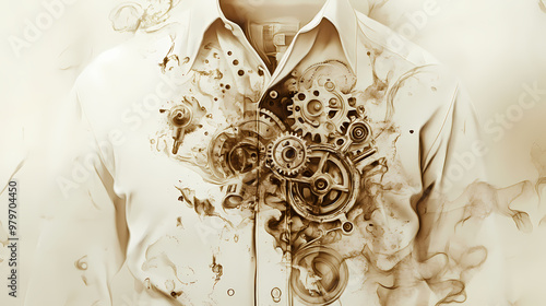 Coffee stain metamorphosing into intricate steampunk machinery on white shirt. Sepia Tones. Illustration photo