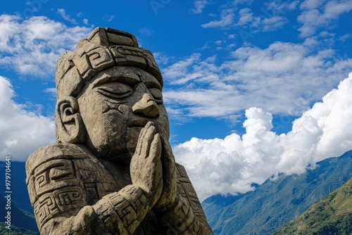 Inca Statue: Manco Inca Sculpture Against Majestic Sky and Mountain Landscape