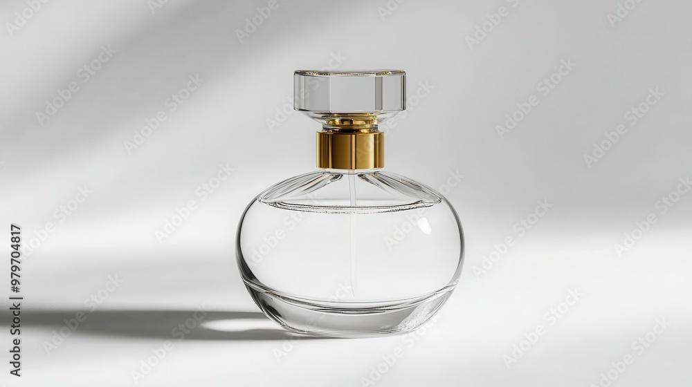 Clear glass perfume bottle with a gold cap, minimalist style, front view, soft light, clear surface details Clear glass perfume bottle with a gold cap, minimalist style, front view, soft light, clear surface details