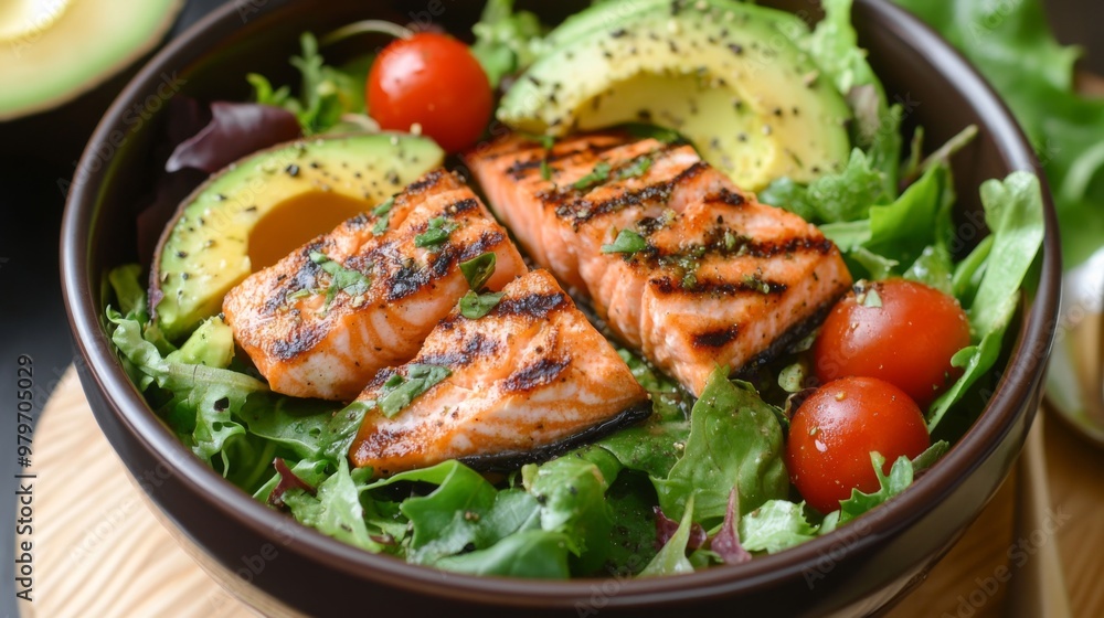 A vibrant image of a salmon salad bowl with mixed greens, avocado, and cherry tomatoes, topped with grilled salmon slices and a light vinaigrette. A vibrant image of a salmon salad bowl with mixed greens, avocado, and cherry tomatoes, topped with grilled salmon slices and a light vinaigrette.