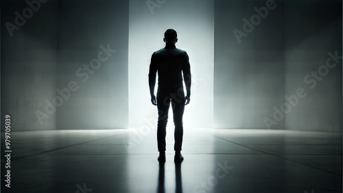 Silhouette of a man standing at an open door with bright light illuminating the dark hallway