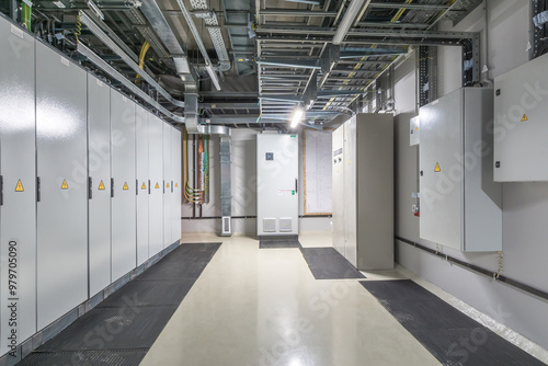 A clean and organized electrical room features multiple control panels and wiring, highlighting the industrial design and functionality of the space..