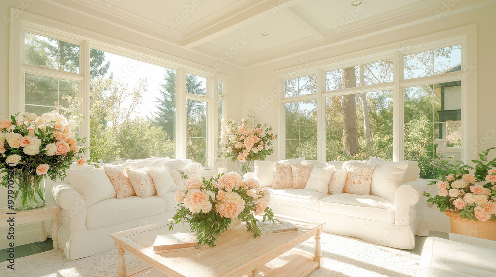 Fototapeta premium Cottage-style cozy living room floral patterns