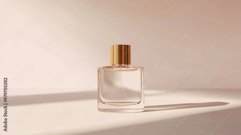 Clear glass perfume bottle with a gold cap, minimalist style, smooth lines, front view, solid color backdrop Clear glass perfume bottle with a gold cap, minimalist style, smooth lines, front view, solid color backdrop