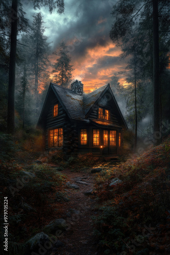 A cozy cabin nestled in the woods, the windows glowing warmly as the winter sunset paints the sky in soft pastels