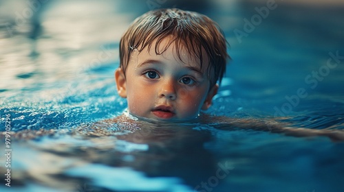 Young child with wide eyes and wet hair peeks above the surface of a swimming pool, capturing a moment of innocent curiosity during a refreshing swim.