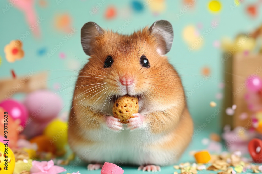 A cute hamster stuffing its cheeks with food, sitting in its colorful cage surrounded by fun toys A cute hamster stuffing its cheeks with food, sitting in its colorful cage surrounded by fun toys