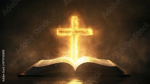 Abstract glowing cross emerging from the center of an open Bible, symbolizing unity between the Word and faith