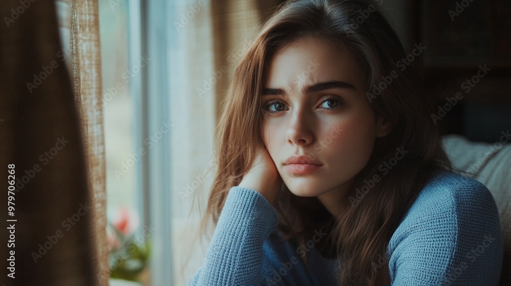 Pensive young woman in blue sweater gazes out window, soft natural light illuminating her face. Curtains frame the scene, creating an intimate, reflective mood. Pensive young woman in blue sweater gazes out window, soft natural light illuminating her face. Curtains frame the scene, creating an intimate, reflective mood.