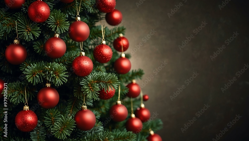 Festive Christmas tree adorned with red balls and star-shaped lights. Festive Christmas tree adorned with red balls and star-shaped lights.