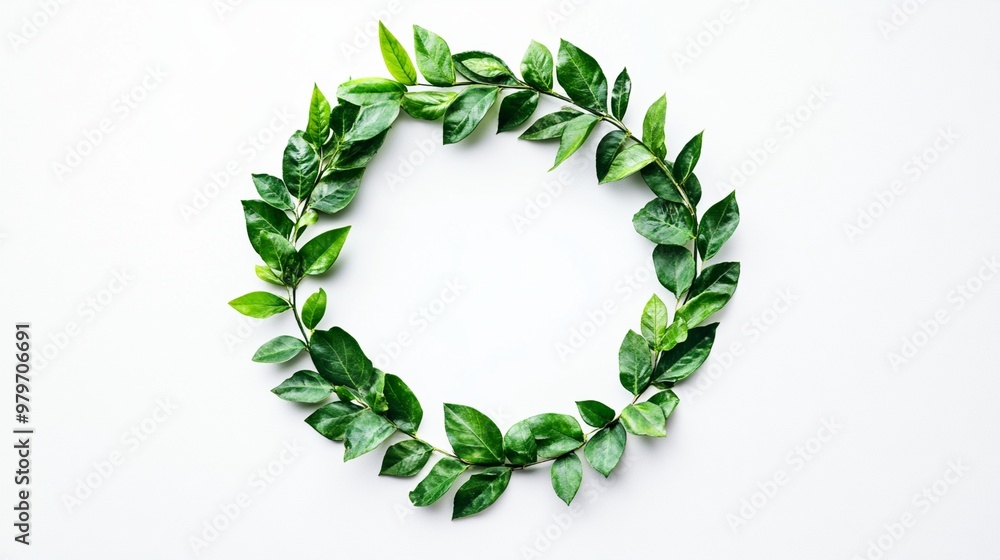 Circular wreath made of fresh green leaves arranged on white background, symbolizing natural beauty, renewal, and eco-friendly concepts in minimalist style. Circular wreath made of fresh green leaves arranged on white background, symbolizing natural beauty, renewal, and eco-friendly concepts in minimalist style.