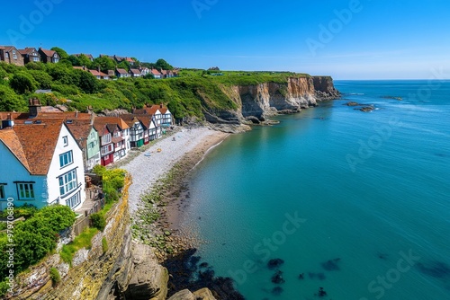 British Isles coastline along Robin Hoodâ€™s Bay, with quaint cottages nestled between cliffs and the sea photo